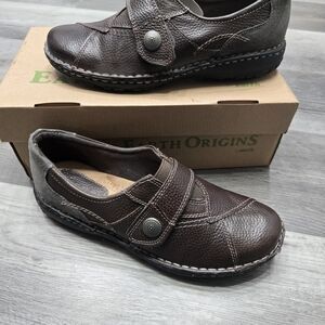 Earth Origins Brown Leather Slip-On Loafer with Button Strap